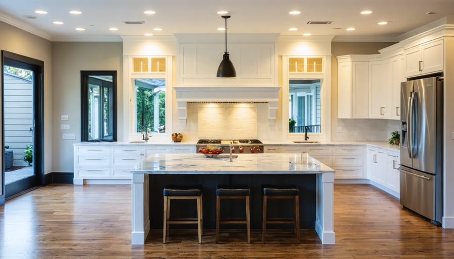 Newly renovated modern kitchen with white cabinets and marble countertops
