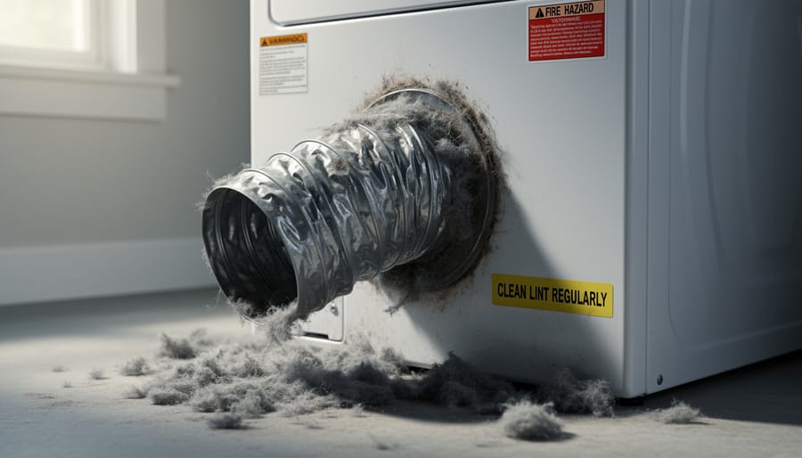 Close-up of clogged dryer vent with visible lint accumulation on exterior