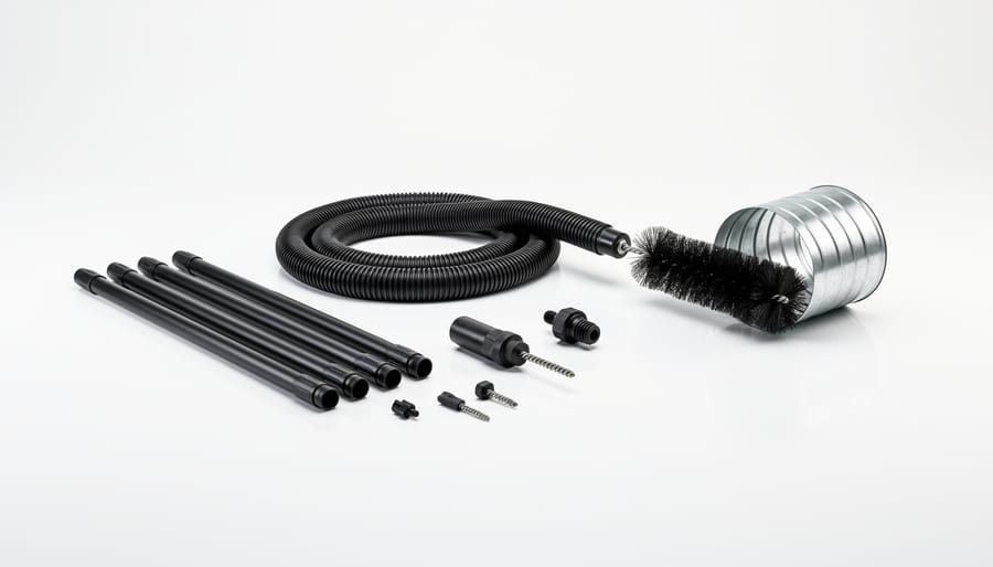 Dryer vent cleaning kit with rotating brushes and extension rods displayed on workbench