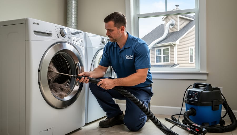Professional technician inspecting dryer vent system in residential laundry room