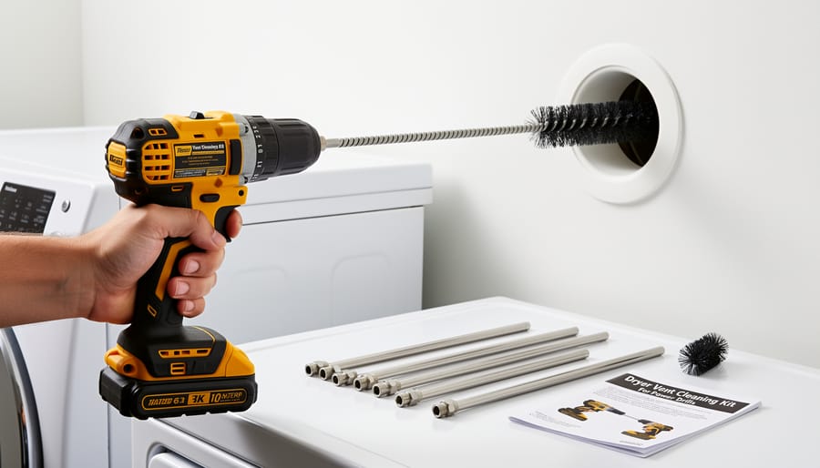 Hands attaching dryer vent cleaning brush to cordless drill