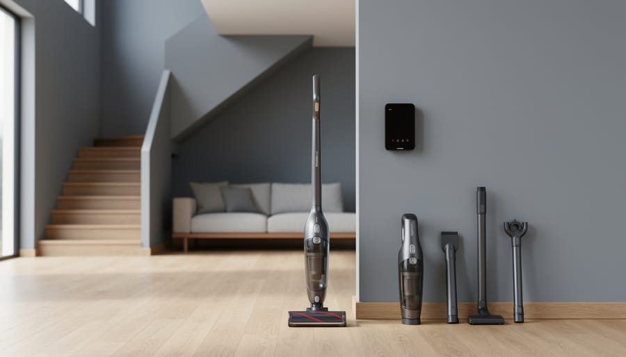 Sleek 4-in-1 cordless vacuum in stick configuration on hardwood in a modern multi-story living room, with handheld and extended-reach attachments by a wall-mounted dock; staircase, sofa, and high ceiling corner softly blurred in natural daylight.