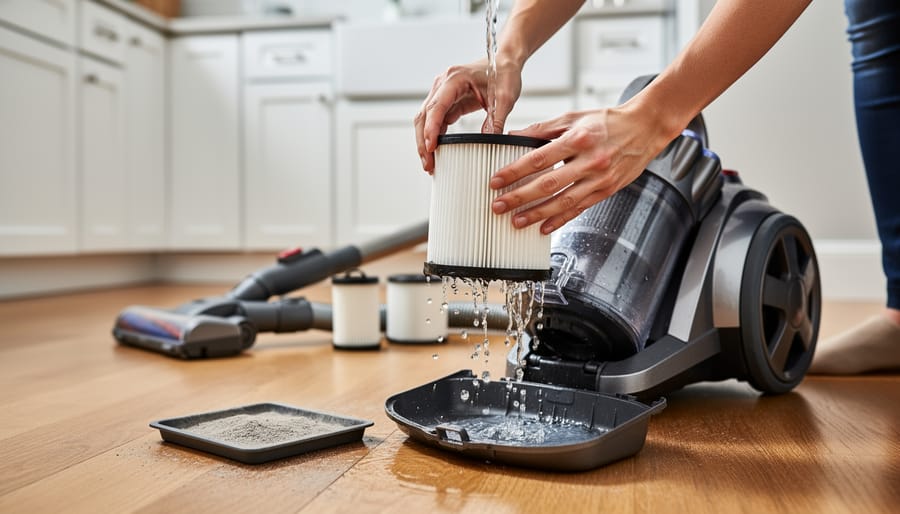 Hands cleaning white HEPA vacuum filter under running water in sink