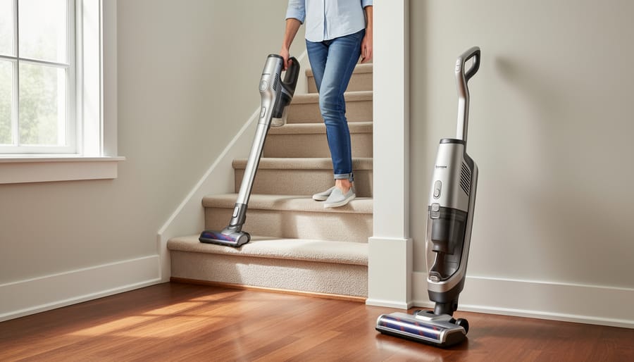 Woman using cordless stick vacuum to clean wooden stairs in home