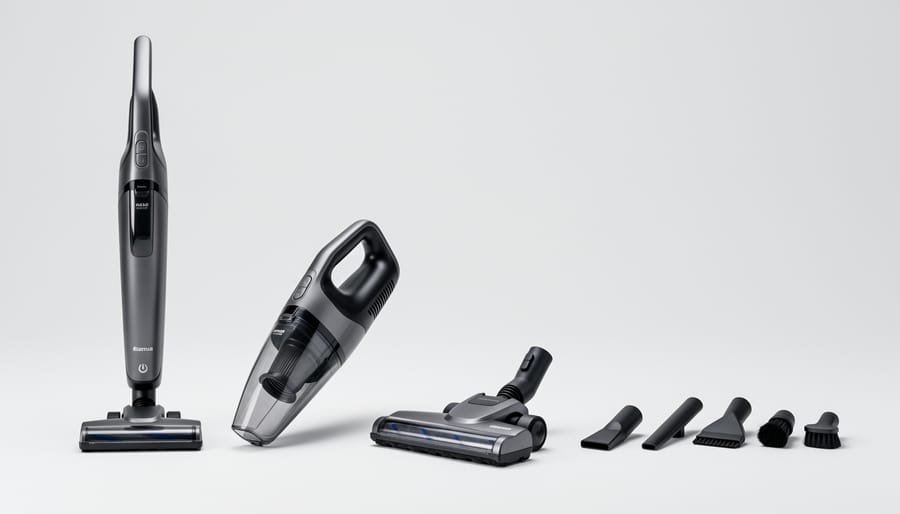 Four configurations of a 4-in-1 cordless vacuum cleaner displayed on countertop