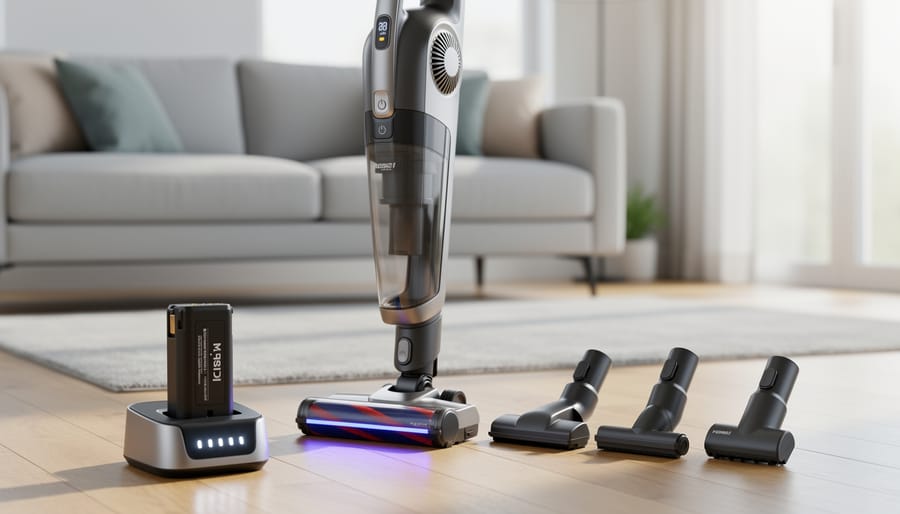 Close-up of cordless vacuum battery pack on charging dock with LED indicators