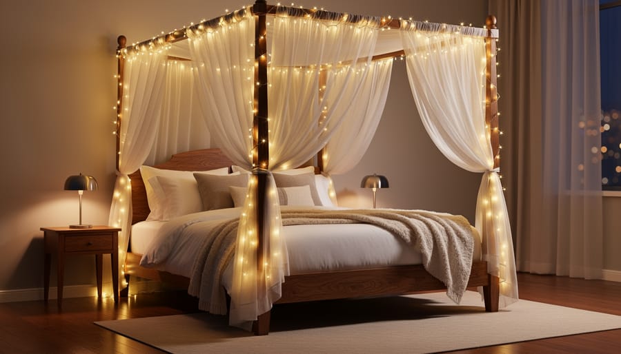 Warm fairy lights draped around a four-poster canopy bed in a cozy bedroom