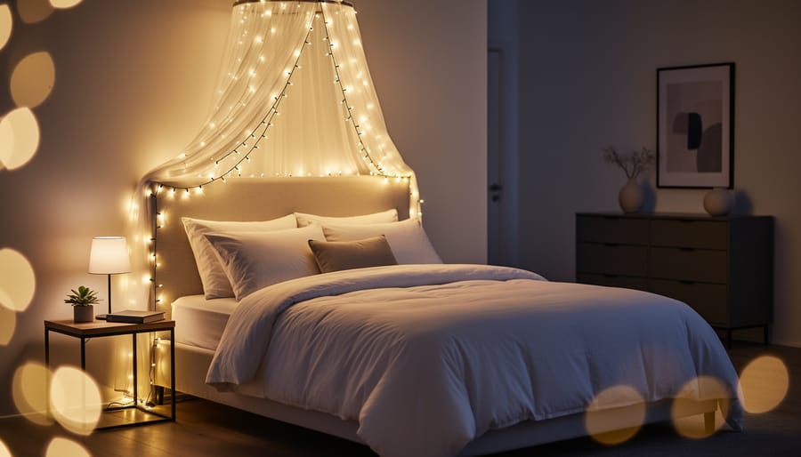 Warm white fairy lights glowing across a bedroom headboard and sheer canopy, creating a magical cozy atmosphere at night.
