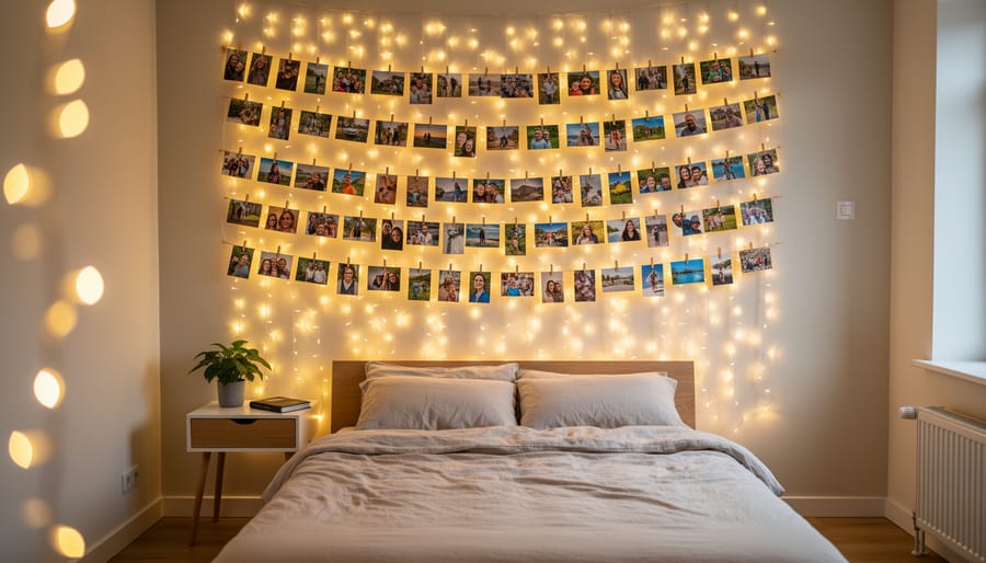 Polaroids clipped to glowing fairy lights on a bedroom wall
