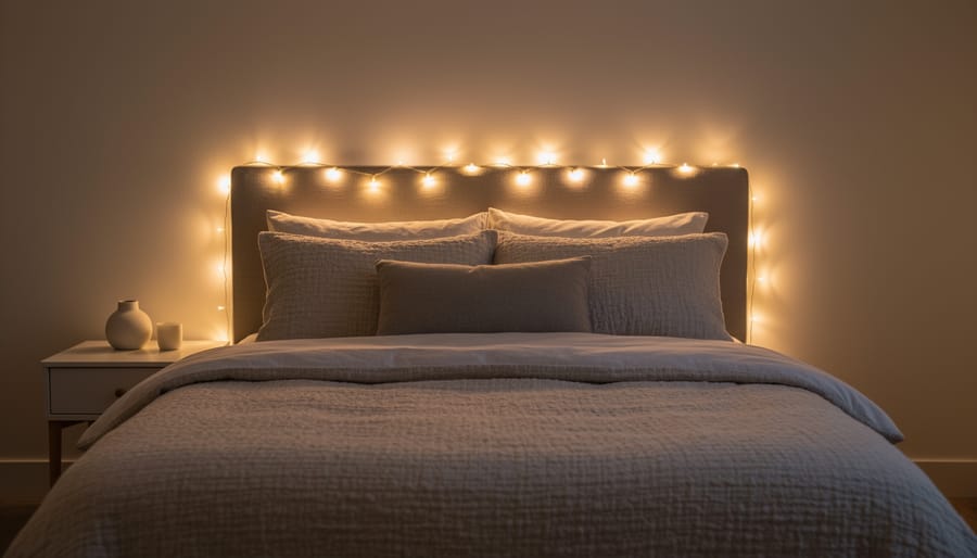 Fairy lights glowing behind an upholstered headboard in a bedroom