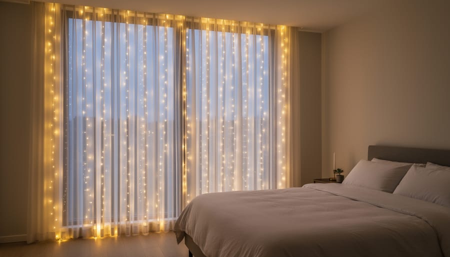 Sheer curtains glowing with fairy lights behind them in an evening bedroom