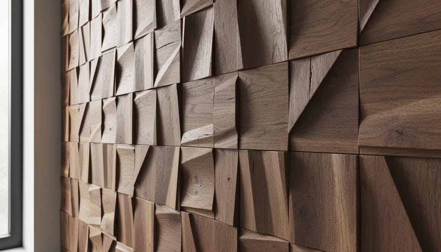 Close-up of 3D textured wooden tiles creating raised relief and shadows on a wall
