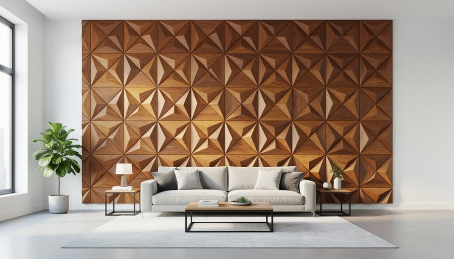 Geometric chevron-style wood panel pattern accent wall with alternating light and medium tones