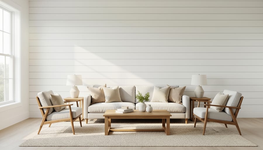 Horizontal shiplap paneling on a painted wall in a bright bedroom