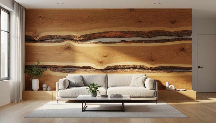Live-edge wood plank mounted on a wall with natural bark and irregular contour