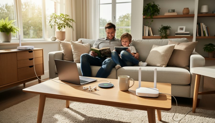 Over-ear wireless gaming headset resting on a charging stand next to a wireless controller in a living room
