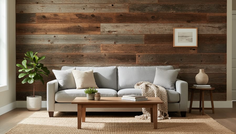 Reclaimed barn wood accent wall with visible knots and weathered texture in a living room corner