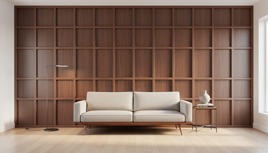 Stained wood grid wall with contrasting square panels in a living room