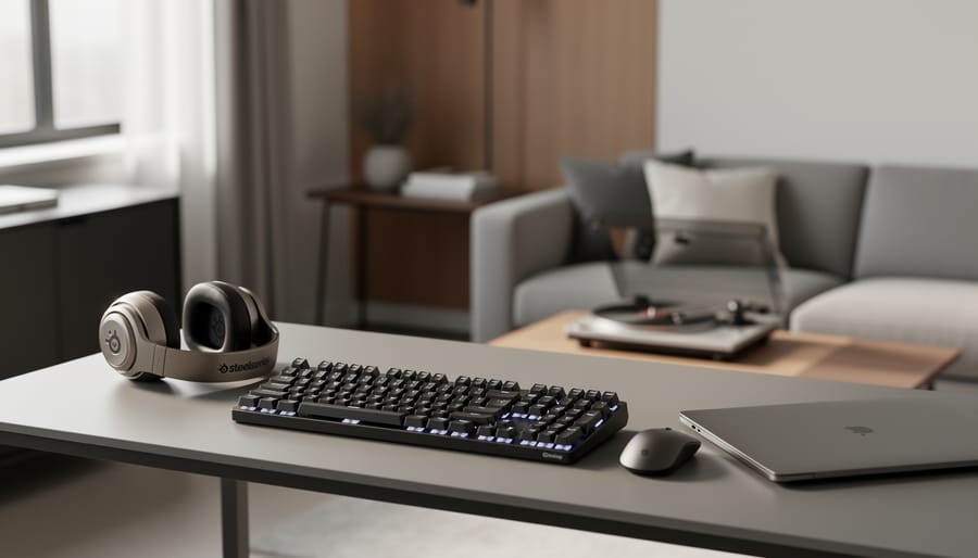 Wireless gaming headset, mechanical keyboard, and mouse styled on a minimalist desk in a modern living room with neutral decor in the background.