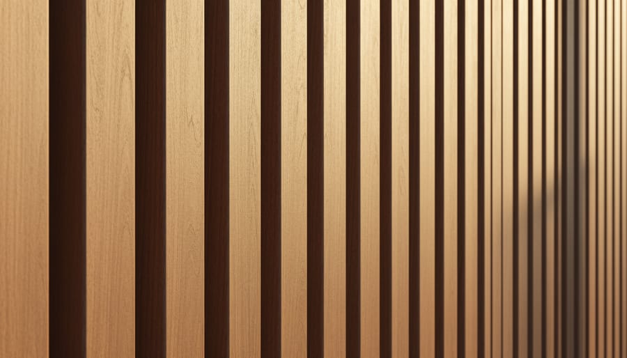 Vertical wood slat wall in a modern dining room with shadow gaps between slats