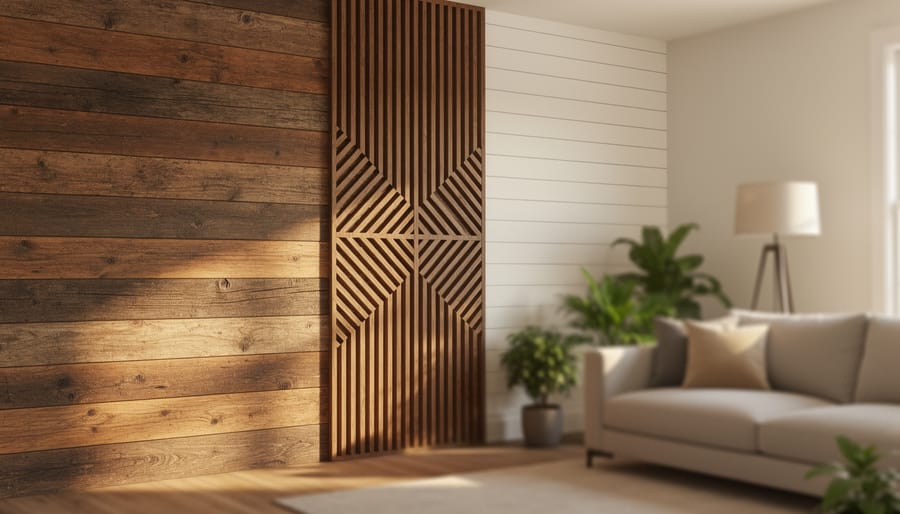 Warm living room featuring reclaimed barnwood, geometric wood slats, and painted shiplap accent walls with neutral furniture and soft daylight.