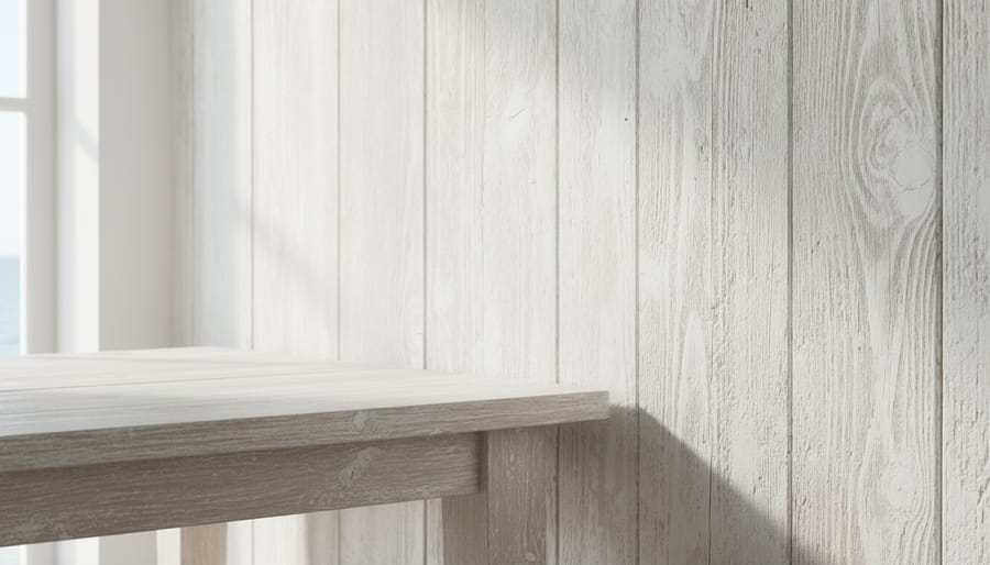 Whitewashed wood wall showing softened grain texture in a bright interior