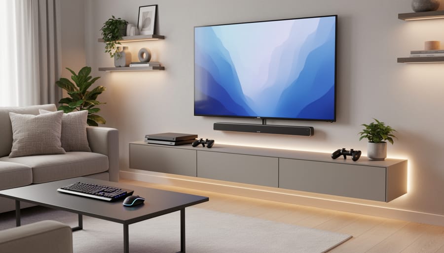 Wireless gaming headset and keyboard set on a minimalist desk in a modern living room