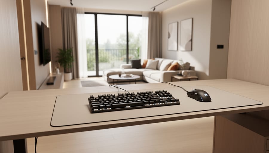 Wireless gaming mouse and keyboard on a minimalist desk with tidy cable routing in a bright living space
