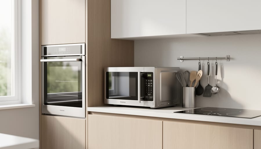 Modern microwave appliance installed in a bright home kitchen with surrounding countertops and utensils visible.