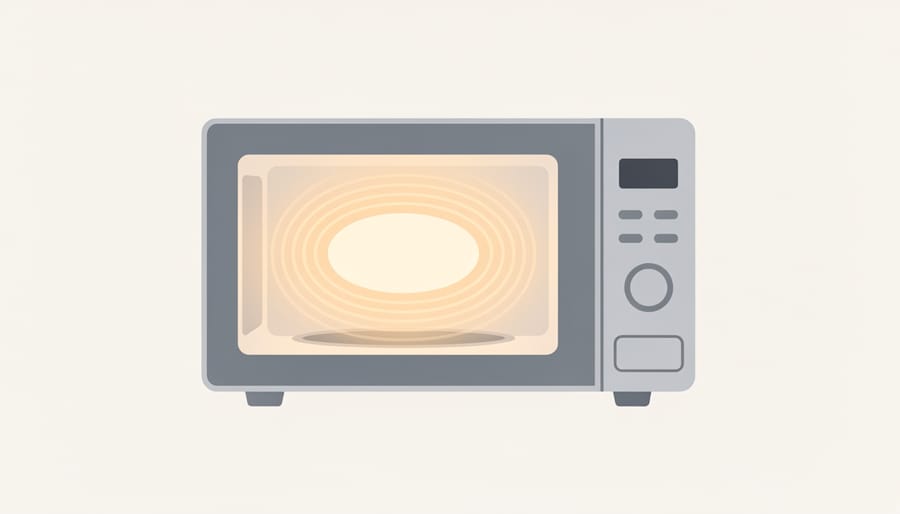 Close-up glow inside an open microwave showing the turntable area