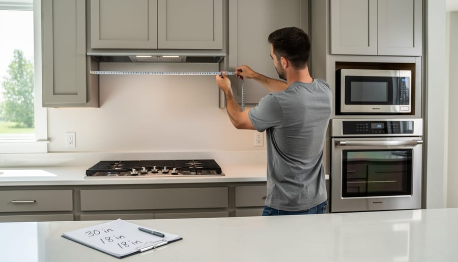 Hands using a tape measure to check space for a microwave installation in a kitchen cabinet area