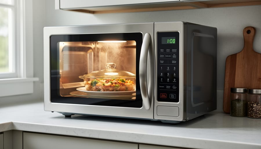 Microwave door open in a modern kitchen with a steaming plate of food inside