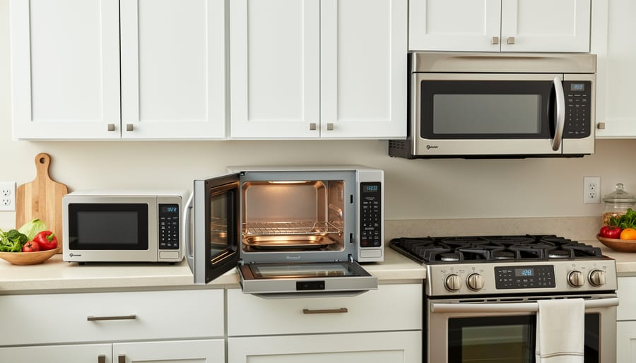 Two different microwave models displayed on a kitchen countertop with their doors open