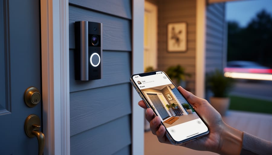 Modern video doorbell mounted near a front door with a smartphone in the foreground indicating home security monitoring.