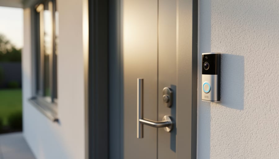 Video doorbell mounted next to a front door with porch lighting in the background.