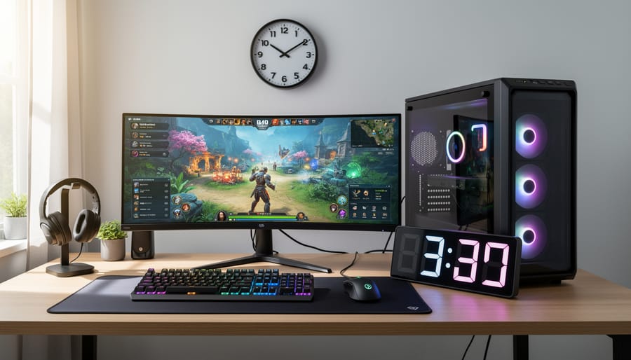 Bright living room desk setup with a laptop and a visible wall clock, suggesting mindful time awareness for online gaming.