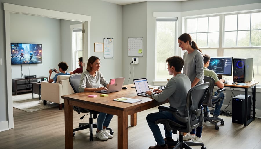 Family-friendly open living area with a parent working at a computer near others, illustrating social visibility and accountability for online gaming.