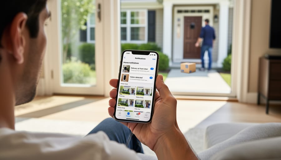 Close-up of a hand holding a smartphone near a front door with a video doorbell mounted nearby.