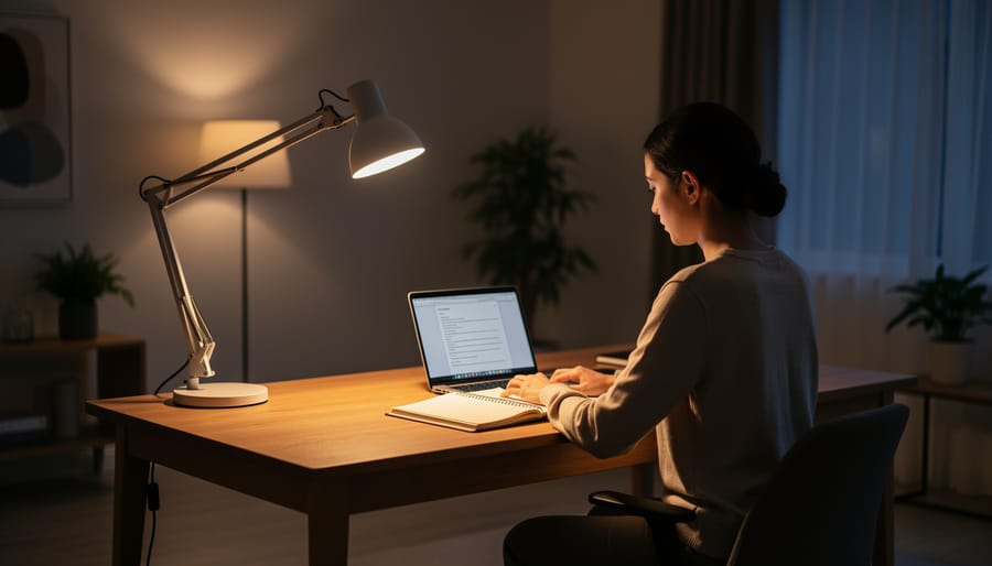Modern desk with adjustable task lamp and face-down phone creating a focused, calm environment for mindful online play.