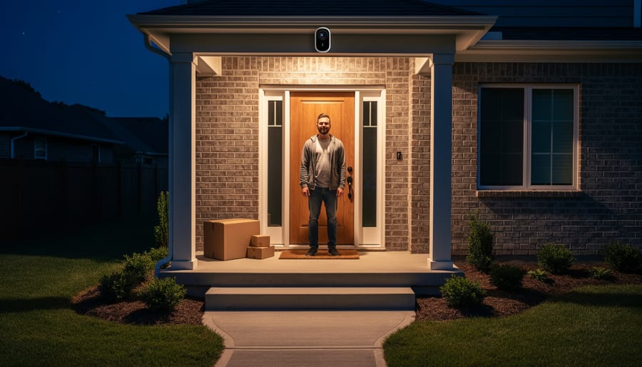 Video doorbell area at night lit by porch lighting, showing the camera housing and exterior surroundings.