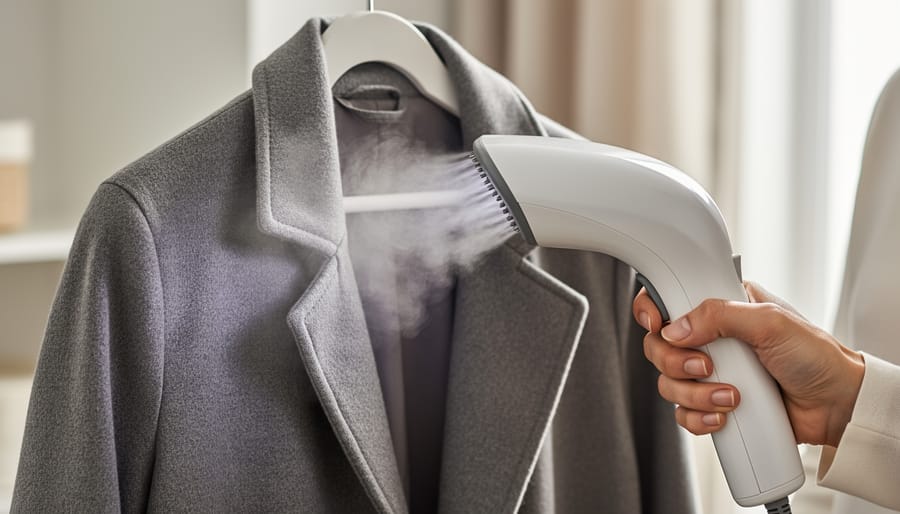 Close-up of hands using a handheld steamer to remove wrinkles from a wool coat sleeve.