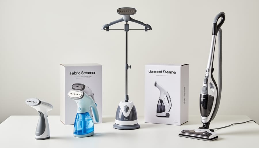Three clothes steamers, a handheld, an upright, and a travel model, arranged on a table for comparison.