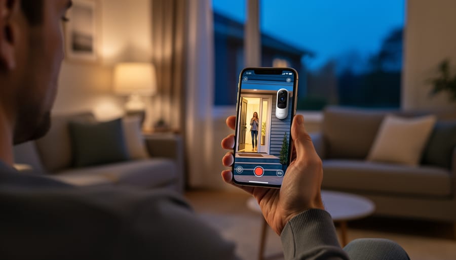 Homeowner on a front porch checking a smartphone connected to a video doorbell at dusk