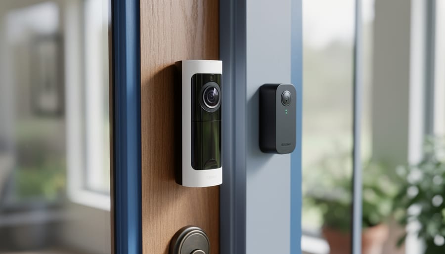 A modern video doorbell mounted beside a front door peephole, photographed in soft natural daylight with a blurred home entryway background.
