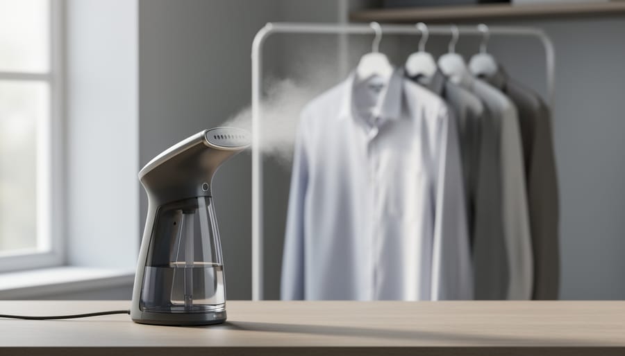 Close-up of a clothes steamer steaming a hanging dress shirt on a garment rack in a bright, neutral home setting