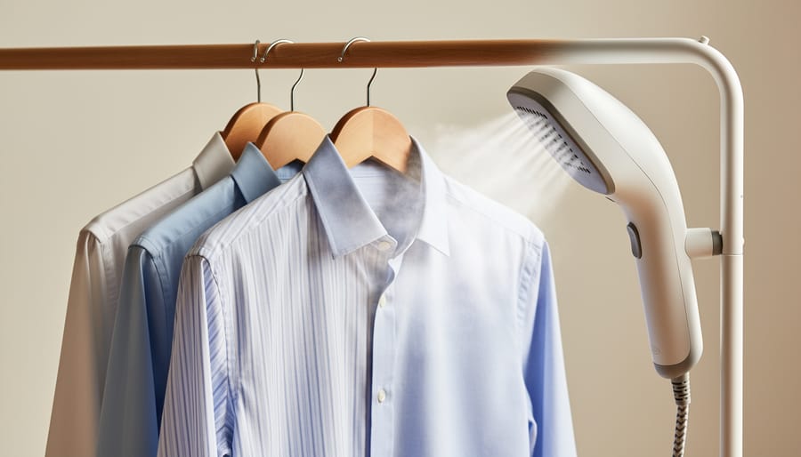 An upright clothes steamer steaming a wrinkled white button-down shirt hanging on a garment rack.